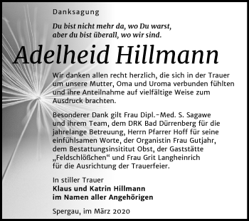 Traueranzeige von Adelheid Hillmann von Mitteldeutsche Zeitung Merseburg/Querfurt