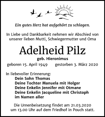 Traueranzeige von Adelheid Pilz von Mitteldeutsche Zeitung Bitterfeld