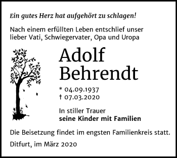 Traueranzeige von Adolf Behrendt von Mitteldeutsche Zeitung Quedlinburg