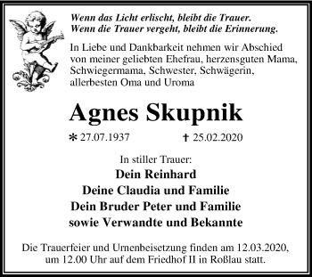Traueranzeige von Agnes Skupnik von Mitteldeutsche Zeitung Dessau-Roßlau