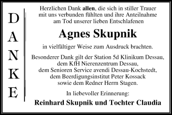 Traueranzeige von Agnes Skupnik von Super Sonntag Dessau-Roßlau