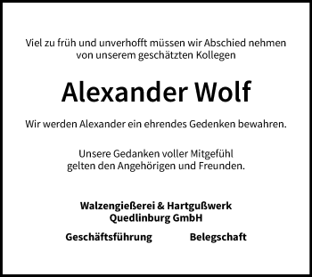 Traueranzeige von Alexander Wolf von Mitteldeutsche Zeitung Quedlinburg
