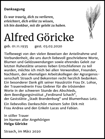 Traueranzeige von Alfred Göricke von Super Sonntag Wittenberg