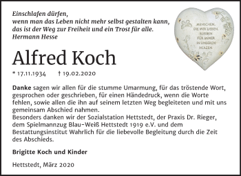 Traueranzeige von Alfred Koch von Mitteldeutsche Zeitung Mansfelder Land