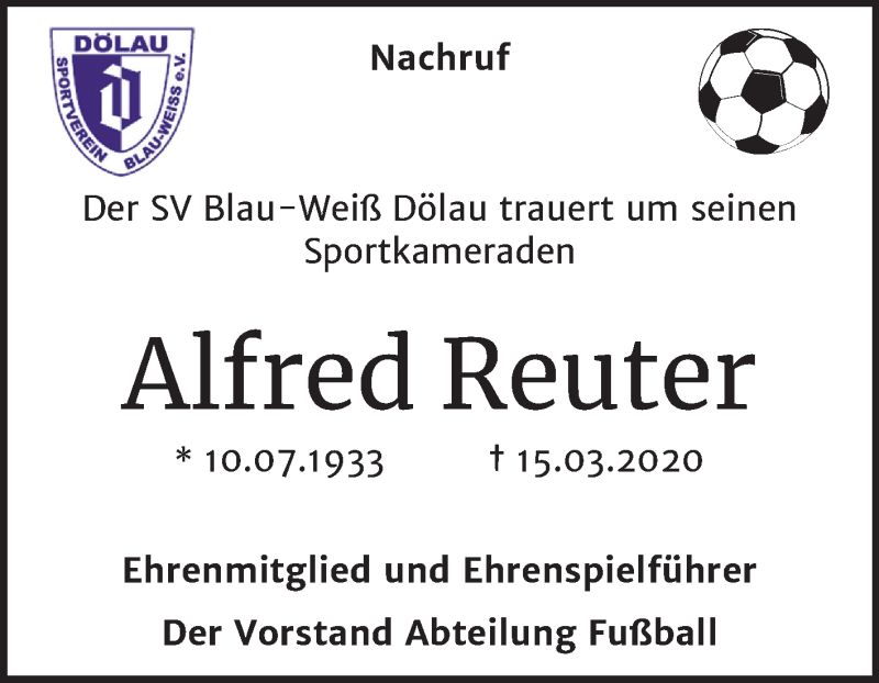  Traueranzeige für Alfred Reuter vom 28.03.2020 aus Mitteldeutsche Zeitung Halle/Saalkreis