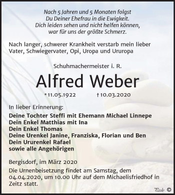 Traueranzeige von Alfred Weber von Super Sonntag Zeitz