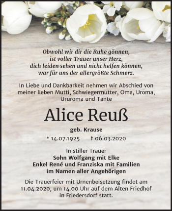 Traueranzeige von Alice Reuß von Wochenspiegel Bitterfeld