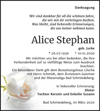 Traueranzeige von Alice Stephan von Mitteldeutsche Zeitung Wittenberg