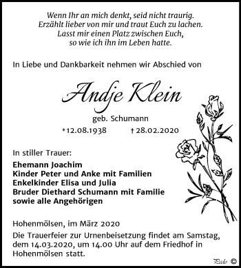 Traueranzeige von Andje Klein von Wochenspiegel Weißenfels