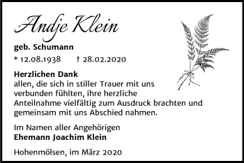 Traueranzeige von Andje Klein von Super Sonntag Weißenfels