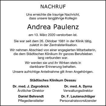 Traueranzeige von Andrea Paulenz von Mitteldeutsche Zeitung Dessau-Roßlau