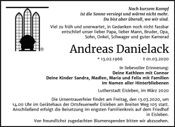 Traueranzeige von Andreas Danielack von Mitteldeutsche Zeitung Mansfelder Land