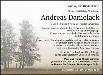Traueranzeige von Andreas Danielack von Mitteldeutsche Zeitung Mansfelder Land