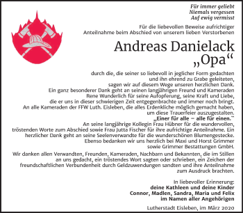 Traueranzeige von Andreas Danielack von Mitteldeutsche Zeitung Mansfelder Land