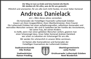 Traueranzeige von Andreas Danielack von Mitteldeutsche Zeitung Mansfelder Land