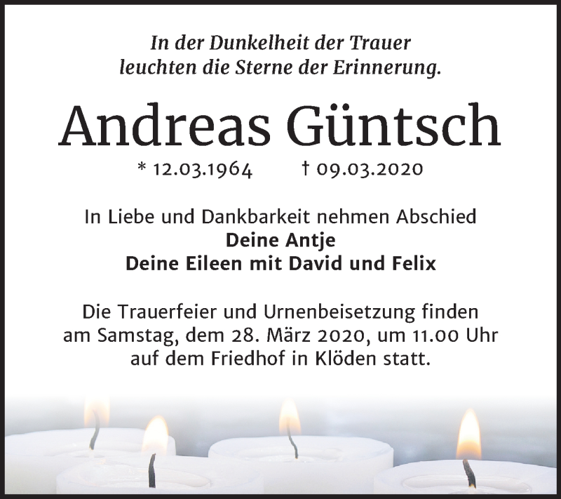  Traueranzeige für Andreas Güntsch vom 14.03.2020 aus Super Sonntag Wittenberg