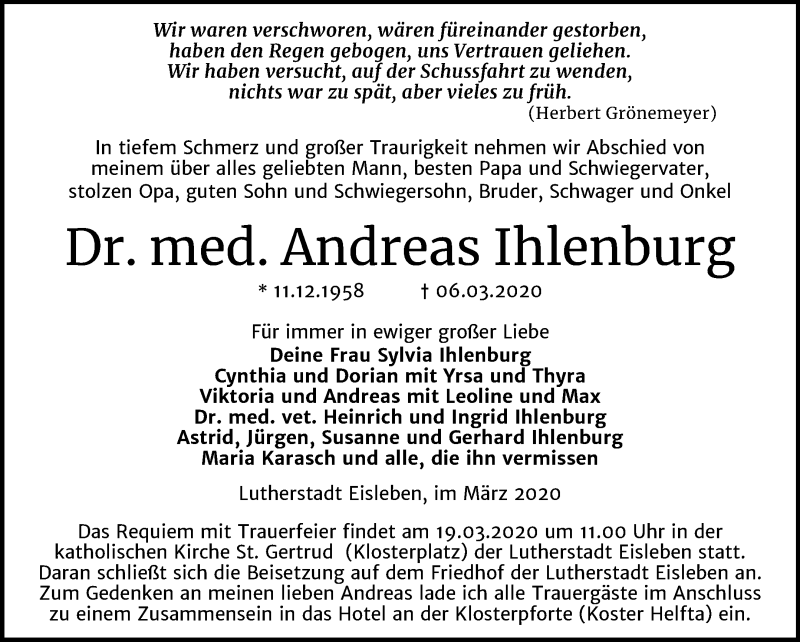  Traueranzeige für Andreas Ihlenburg vom 13.03.2020 aus Mitteldeutsche Zeitung Mansfelder Land