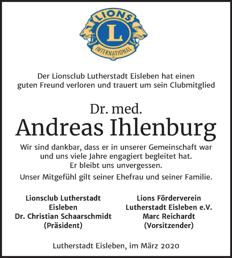  Traueranzeige für Andreas Ihlenburg vom 20.03.2020 aus Mitteldeutsche Zeitung Mansfelder Land