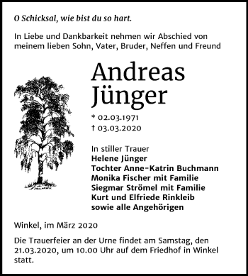 Traueranzeige von Andreas Jünger von Super Sonntag Sangerhausen
