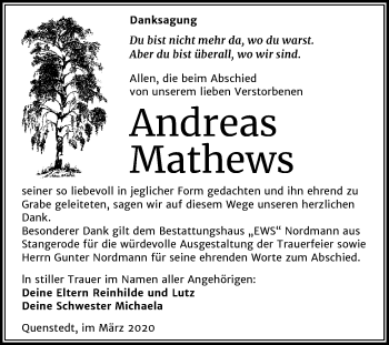 Traueranzeige von Andreas Mathews von Mitteldeutsche Zeitung Mansfelder Land