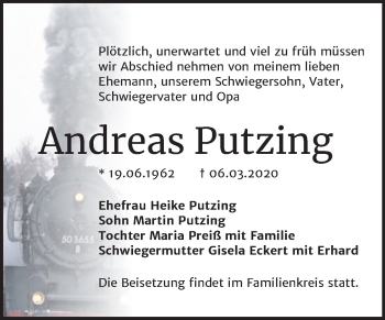 Traueranzeige von Andreas Putzing von Mitteldeutsche Zeitung Halle/Saalkreis