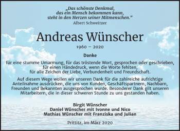 Traueranzeige von Andreas Wünscher von Wochenspiegel Weißenfels