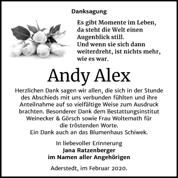 Traueranzeige von Andy Alex von Mitteldeutsche Zeitung Bernburg