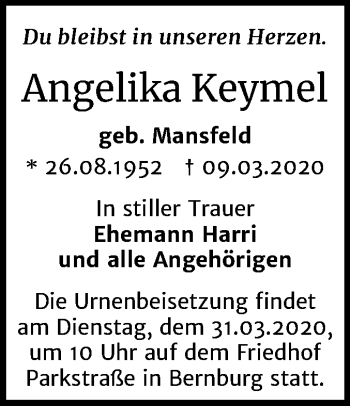 Traueranzeige von Angelika Keymel von Mitteldeutsche Zeitung Bernburg