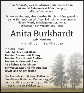 Traueranzeige von Anita Burkhardt von Mitteldeutsche Zeitung Zeitz
