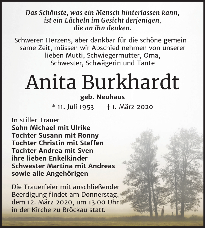  Traueranzeige für Anita Burkhardt vom 07.03.2020 aus Mitteldeutsche Zeitung Zeitz