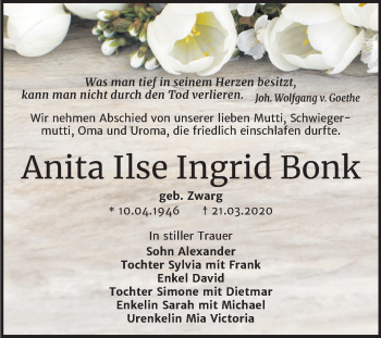 Traueranzeige von Anita Ilse Ingrid Bonk von Mitteldeutsche Zeitung Merseburg/Querfurt