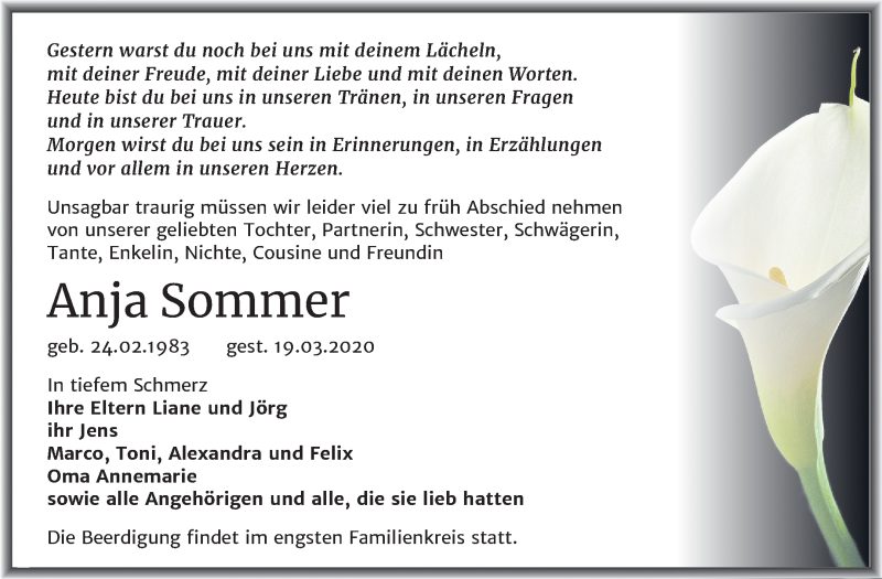  Traueranzeige für Anja Sommer vom 25.03.2020 aus Mitteldeutsche Zeitung Mansfelder Land
