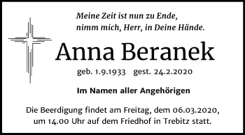 Traueranzeige von Anna Beranek von Mitteldeutsche Zeitung Wittenberg