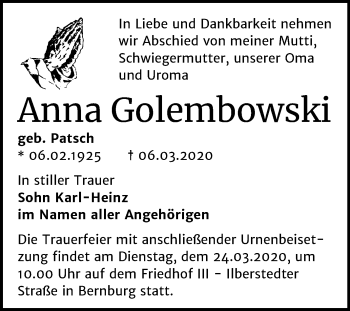 Traueranzeige von Anna Golembowski von Mitteldeutsche Zeitung Bernburg