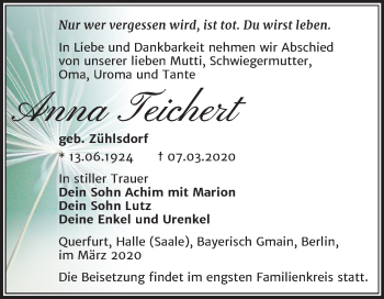 Traueranzeige von Anna Teichert von Mitteldeutsche Zeitung Merseburg/Querfurt
