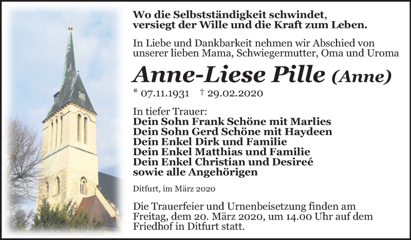  Traueranzeige für Anne-Liese Pille vom 07.03.2020 aus Mitteldeutsche Zeitung Quedlinburg