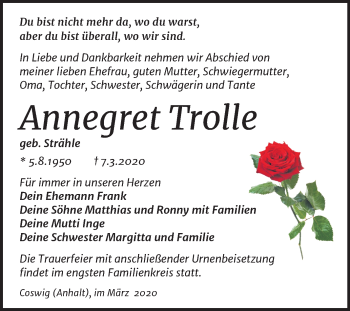 Traueranzeige von Annegret Trolle von Mitteldeutsche Zeitung Wittenberg