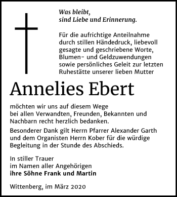 Traueranzeige von Annelies Ebert von Mitteldeutsche Zeitung Wittenberg