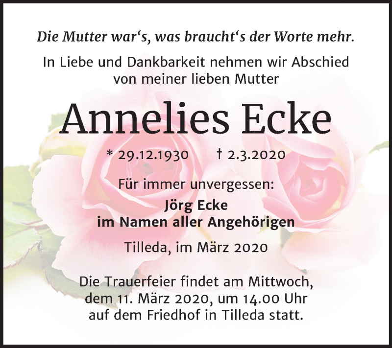  Traueranzeige für Annelies Ecke vom 05.03.2020 aus Mitteldeutsche Zeitung Sangerhausen