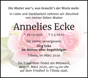 Traueranzeige von Annelies Ecke von Super Sonntag Sangerhausen