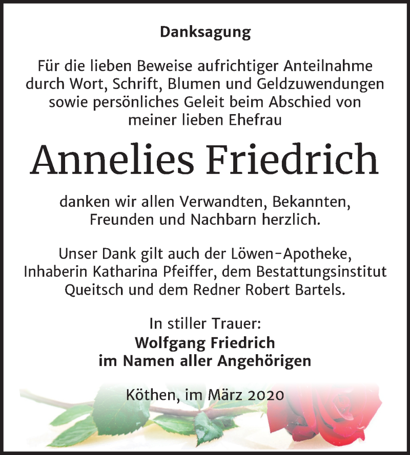  Traueranzeige für Annelies Friedrich vom 14.03.2020 aus Super Sonntag Köthen