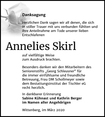 Traueranzeige von Annelies Skirl von Mitteldeutsche Zeitung Wittenberg