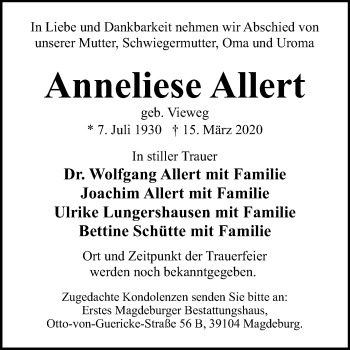 Traueranzeige von Anneliese Allert von Mitteldeutsche Zeitung Halle/Saalkreis