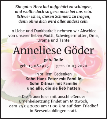 Traueranzeige von Anneliese Göder von Super Sonntag Bernburg