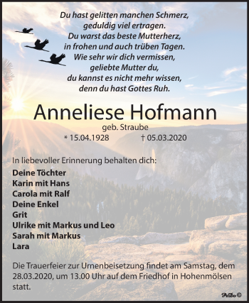 Traueranzeige von Anneliese Hofmann von Mitteldeutsche Zeitung Weißenfels