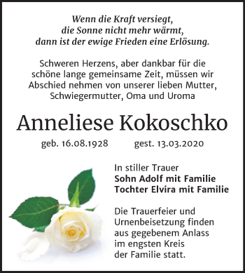 Traueranzeige von Anneliese Kokoschko von Super Sonntag Wittenberg
