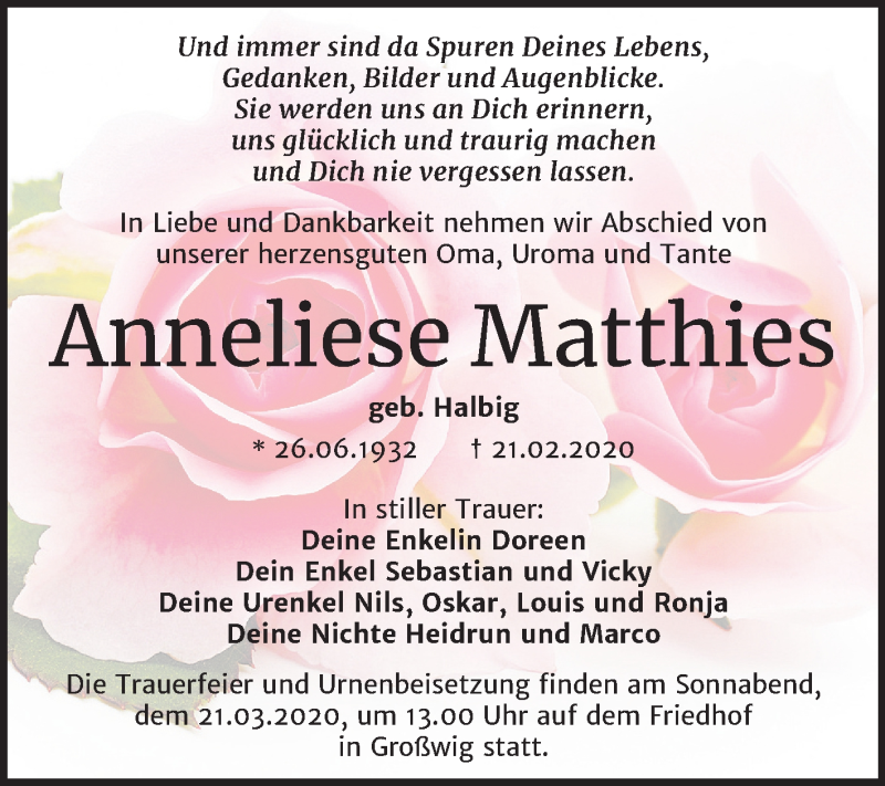  Traueranzeige für Anneliese Matthies vom 07.03.2020 aus Super Sonntag Wittenberg