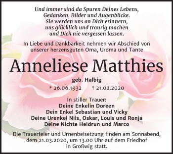 Traueranzeige von Anneliese Matthies von Super Sonntag Wittenberg