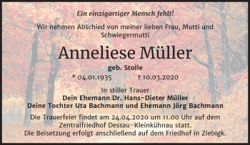 Traueranzeige von Anneliese Müller von Mitteldeutsche Zeitung Dessau-Roßlau
