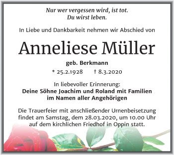 Traueranzeige von Anneliese Müller von Mitteldeutsche Zeitung Halle/Saalkreis